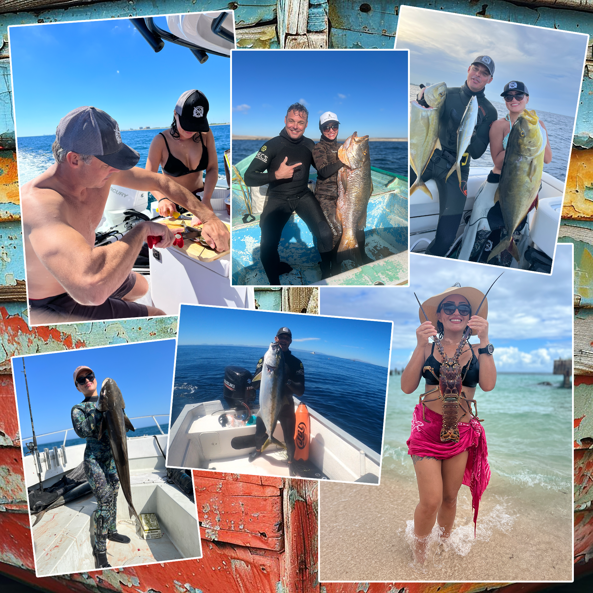 KILLSHOT crew with big catches — wahoo, snapper, yellowtail, and lobster from Mag Bay, Baja